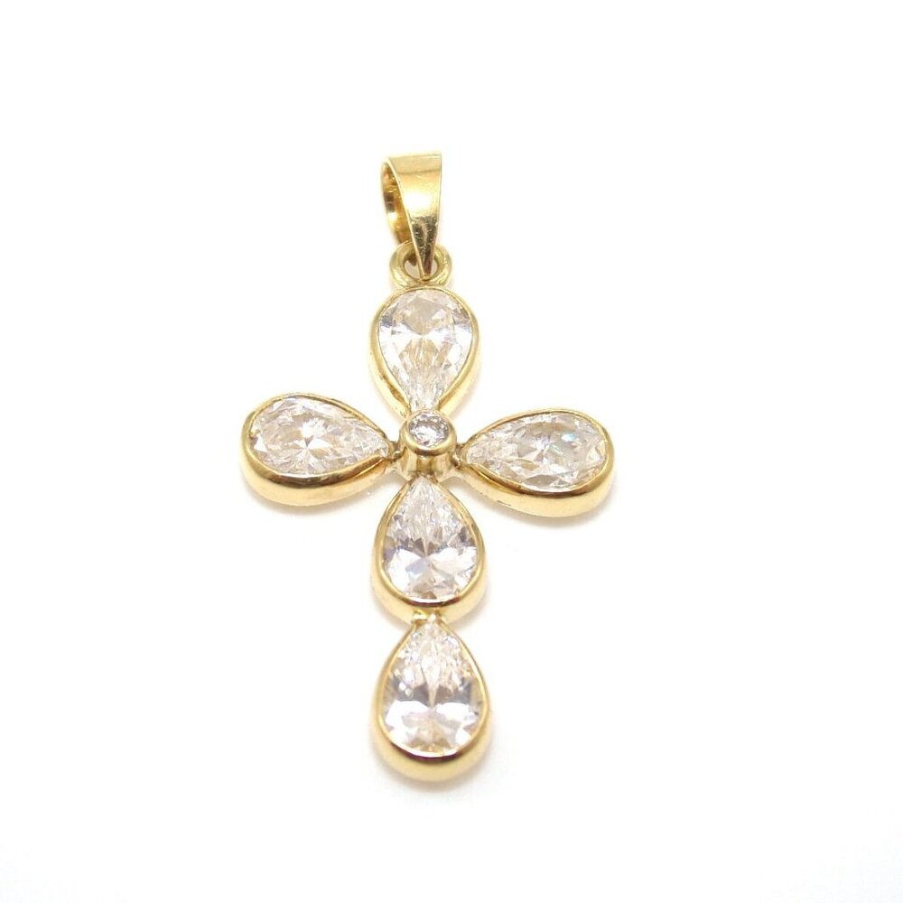 18K Yellow Gold Clear CZ Cross Pendant